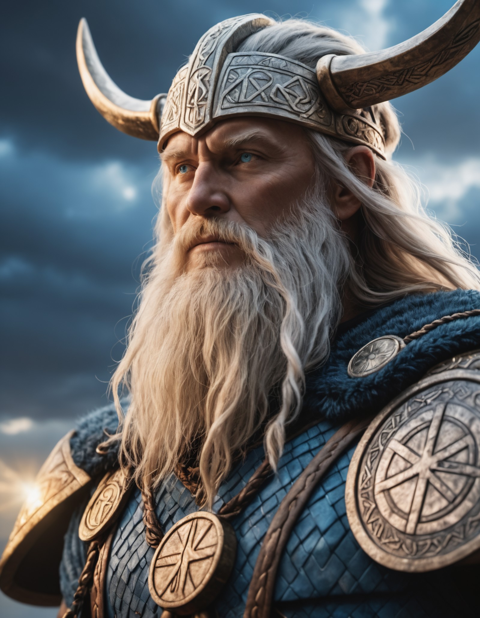 artwork  closeup of odin  in asgard, epic light ,and fantasy sky, nordic runes, high quality photography, 3 point lighting...